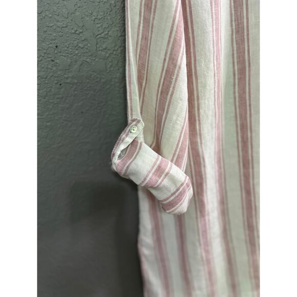 Tahari Tunic Beachy Linen Shirt 1X White Brown Stripe Roll Tab Button Up Casual - Picture 4 of 11